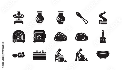 Set of black pottery icons including vases and kitchen utensils