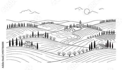 Tuscan landscape with hills vineyards and houses monochrome vector illustration traditional italian countryside