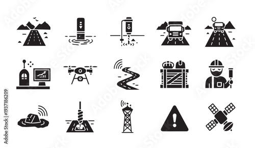 Collection of black mining and technology icons set