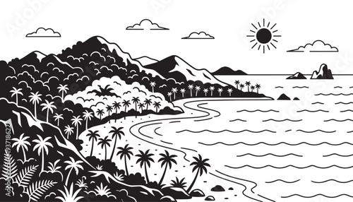 Tropical beach landscape with palm trees mountains and ocean waves under sunny sky