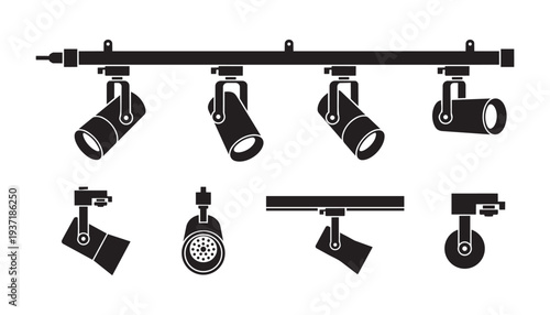 Set of black spotlight icons for stage lighting studio photography and event illumination
