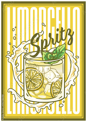 Limoncello spritz glass on retro, vintage poster with lemon, mint and splashes for design of surfing, tiki or beach bar menu. Lemon alcohol cocktail for drink party, summer vibes