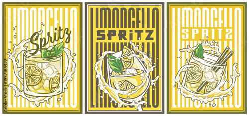 Set of Limoncello spritz glass on retro, vintage poster with lemon, mint and splashes for design of surfing, tiki or beach bar menu. Lemon alcohol cocktail for drink party, summer vibes