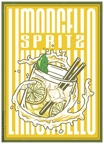 Limoncello spritz glass on retro, vintage poster with lemon, mint and splashes for design of surfing, tiki or beach bar menu. Lemon alcohol cocktail for drink party, summer vibes