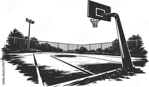Outdoor Basketball Court Vector Illustration, Black and White Street Playground Silhouette.