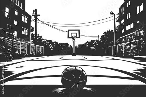Urban Street Basketball Court with Ball, Black and White City Playground Vector Illustration.
