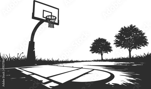 Outdoor Basketball Court Vector Illustration, Black and White Street Playground Silhouette.
