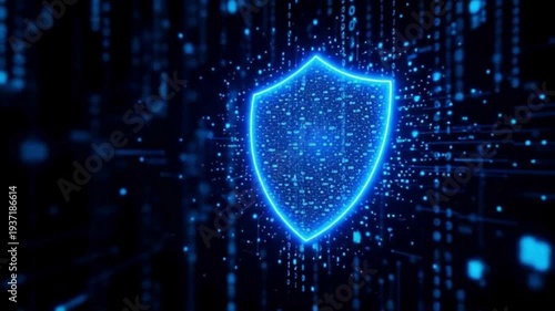 Glowing blue shield with particles on dark background for cybersecurity concepts