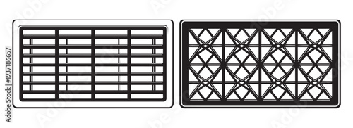Two styles of black rectangular grates with different geometric patterns, drainage or ventilation covers