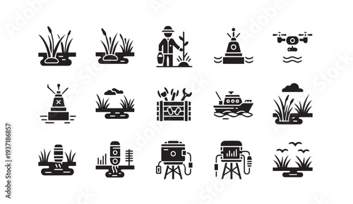 Water treatment icons set for environmental projects