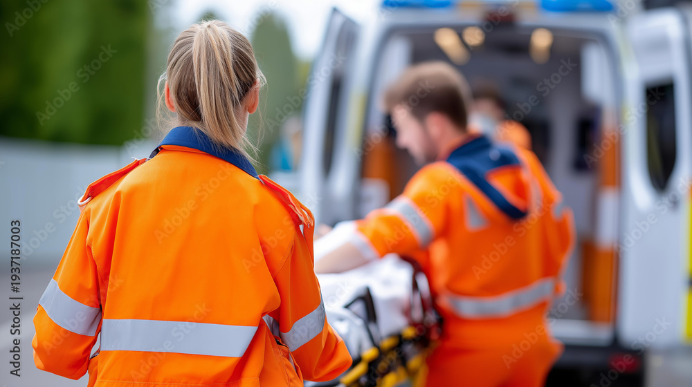 Fototapeta premium Paramedics ambulance team responding emergency, treating injured urgent medical response, emergency medical services, critical care transportation, with copy space