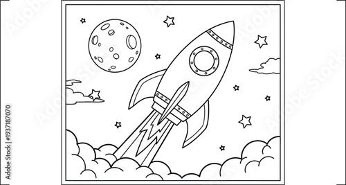 A rocket ship blasting off into the night sky with the moon and stars