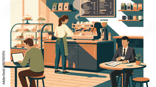 Modern cafe interior with barista, customers, coffee, and pastries