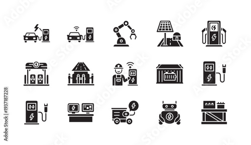 Electric vehicle charging and sustainable technology icons for modern business