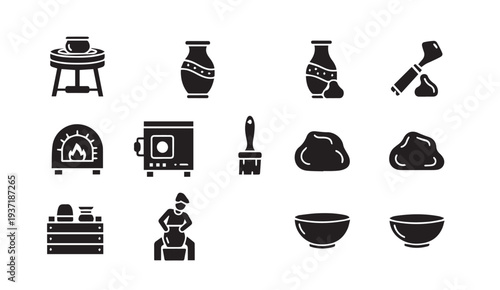 Pottery making process with various tools and equipment