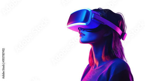 Woman wearing vr headset in neon light immersive technology experience