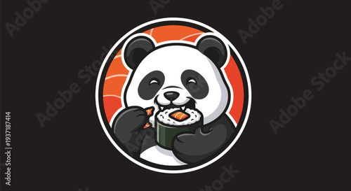 Panda eating sushi roll cartoon illustration
