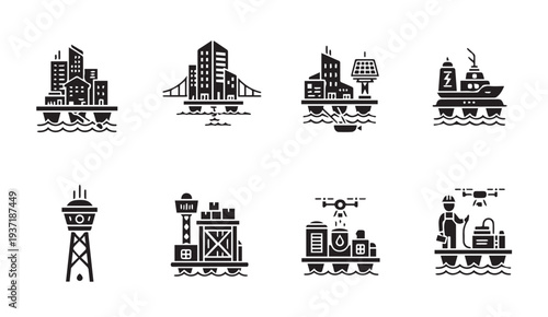 Floating industrial facilities and offshore infrastructure icons