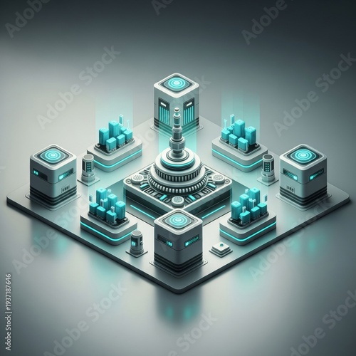 Futuristic Server Room with Glowing Cyan Lights and Isometric View