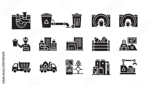 Black and white waste management icons collection