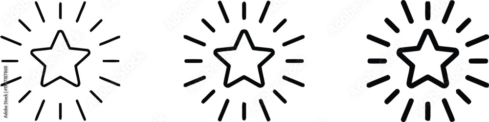 Obraz premium Three simple black outline icons depicting a shining or sparkling five-pointed star symbol in various sizes for rating systems or celebration graphics