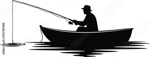 Vintage fishing logo vector with fisherman in boat silhouette and rope border for outdoor branding