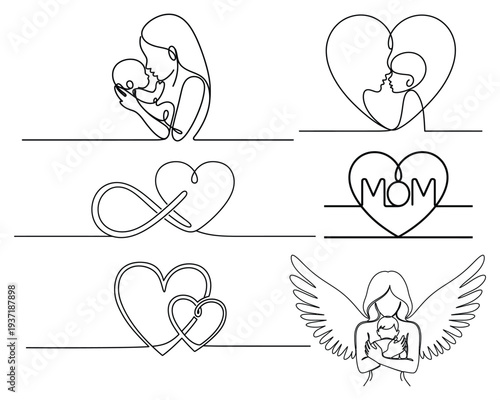 Mother's Day continuous line art collection featuring mother holding baby, hearts, and infinity symbols, minimalist vector illustration for family love and motherhood concept.