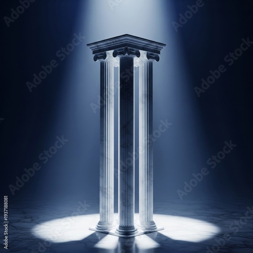 Three Classical Stone Pillars Illuminated by Spotlight
