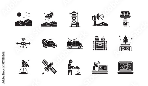 Collection of black technology and communication icons on white background