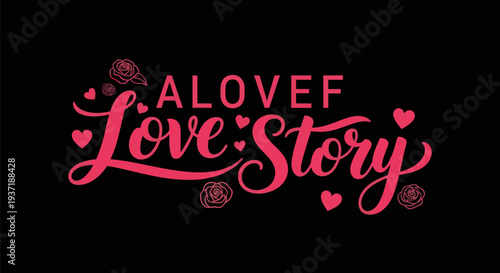 Pink love story text on black background