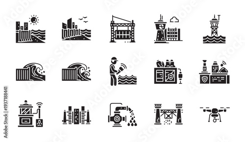 Set of black industrial icons including ports and maritime elements