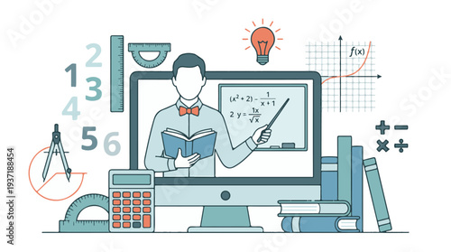 Online Education Concept with Math Teacher and Scientific Learning Tools