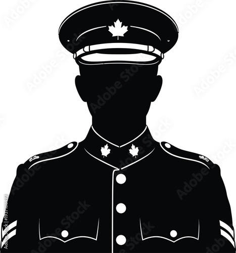 Black and white silhouette illustration of a distinguished canadian military officer in formal dress uniform proudly wearing an officer's peaked cap adorned with a prominent maple leaf emblem.