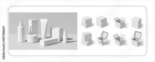 Cosmetic Packaging Mockup or Potato Chips Packaging Vector Set – Realistic Snack Bags, Cardboard Boxes, Crispy Chips Display, 
Modern Food Branding Mockup with web Pump Bottle, Cream Jar, Tube, Droppe