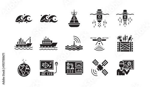 Collection of black and white navigation and transportation icons