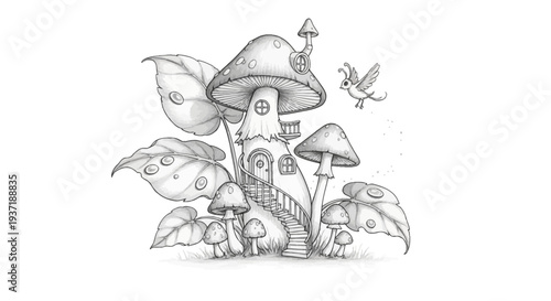 Detailed Whimsical Mushroom Houses with Small Birds Flying Around, Isolated White Background