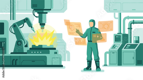Industrial automation engineer monitoring robotic manufacturing process