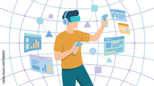 Person in VR headset interacting with data and interfaces in metaverse