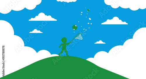 Silhouette of a Curious Child Chasing Small Green Objects with a Net on a Grassy Hill