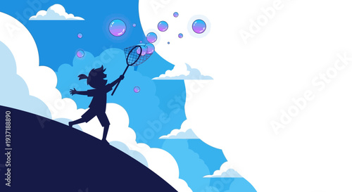 Silhouette of an Energetic Child Chasing Colorful Bubbles with a Net on a Steep Dark Hill