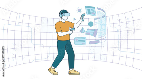 Person in VR Headset Interacting with Digital Interface in Virtual World