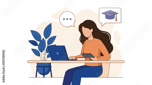 Woman studying online at home with laptop and tablet, remote education