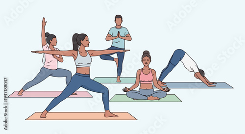 Small group of men and women practicing various yoga poses together, in bright studio.