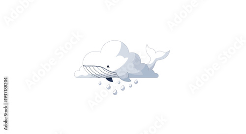 Whimsical blue whale cloud bringing gentle rain, isolated white background.