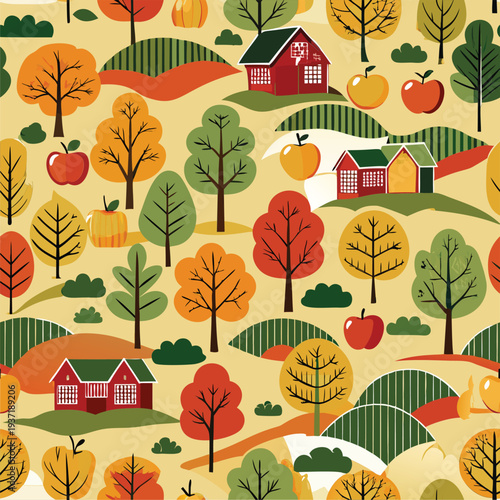 Autumnal countryside scene with stylized buildings and trees