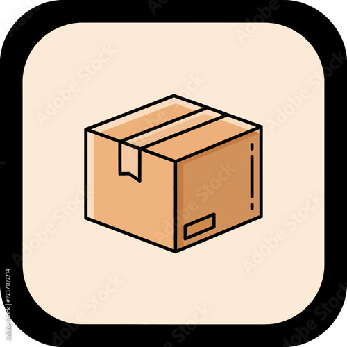 Stylized icon of a cardboard box within a rounded square frame with a beige background, suggesting a product for sale or a delivered item.