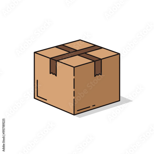 Isometric drawing of a taped cardboard box on a light gray background with subtle shadows, ideal for representing package handling and online retail.
