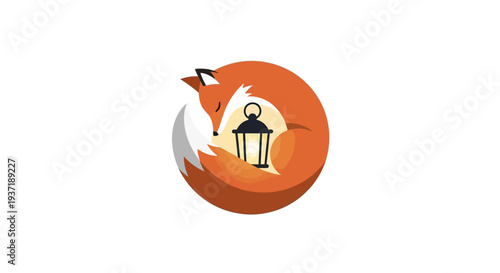Cute orange fox curled up with a glowing lantern inside an orange circle, isolated white background.
