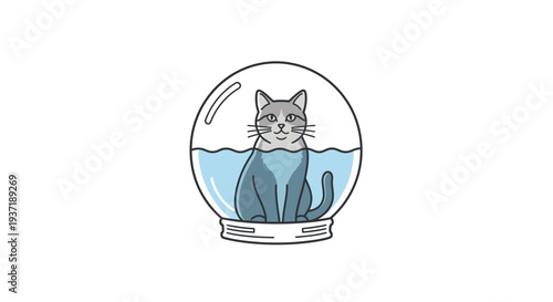 Serene Grey Cat Sitting Comfortably Inside a Transparent Fishbowl with Water, a Detailed Animal Illustration on Isolated White Background