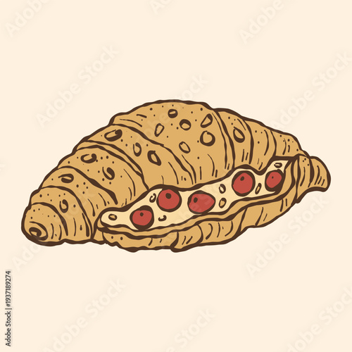 Berry-Filled Croissant Illustration. Mixed Berry Croissant. Fruit Croissant Illustration. Traditional hand drawn bakery dessert, pastry